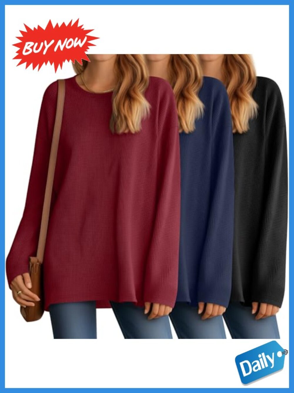 Oversized Waffle Knit Long Sleeve Tunic Top Crewneck Fall Shirt
